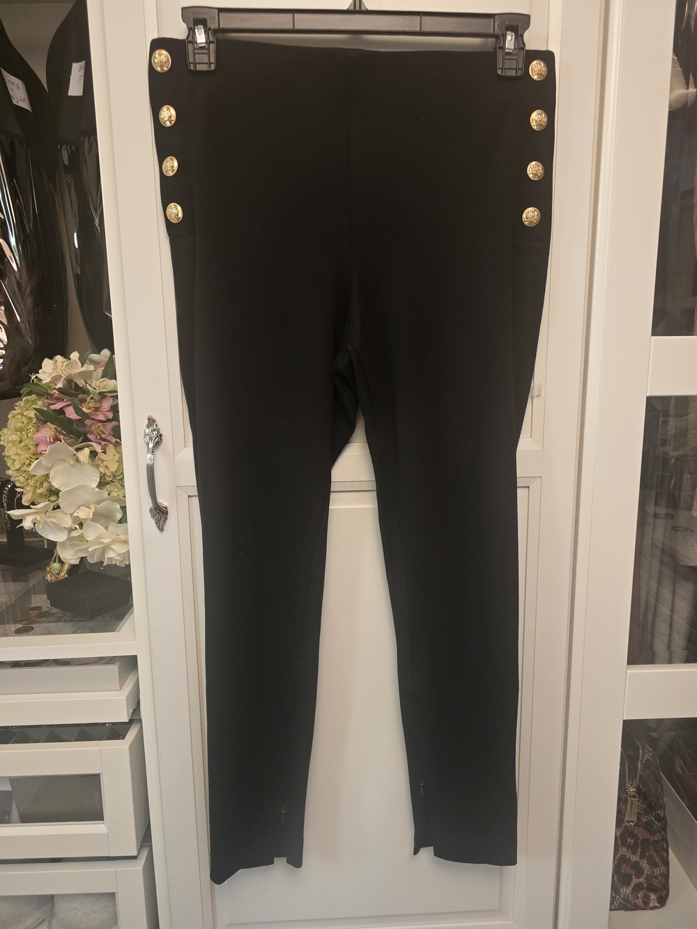Black High-Rise Button-Trim Ponte Pants